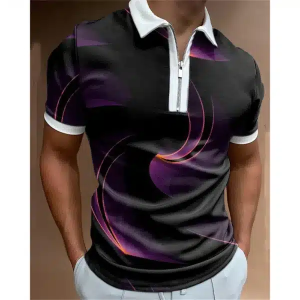Fashion Men's Clothing Polo Shirts Casual Turn-Down Collar Zipper Golf Wear Ladder Print Short Sleeve Tee Shirt Men Polos Tops - Image 21