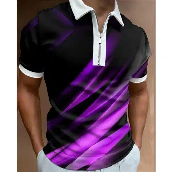 Fashion Men's Clothing Polo Shirts Casual Turn-Down Collar Zipper Golf Wear Ladder Print Short Sleeve Tee Shirt Men Polos Tops - Image 27