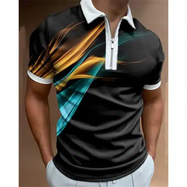 Fashion Men's Clothing Polo Shirts Casual Turn-Down Collar Zipper Golf Wear Ladder Print Short Sleeve Tee Shirt Men Polos Tops - Image 22