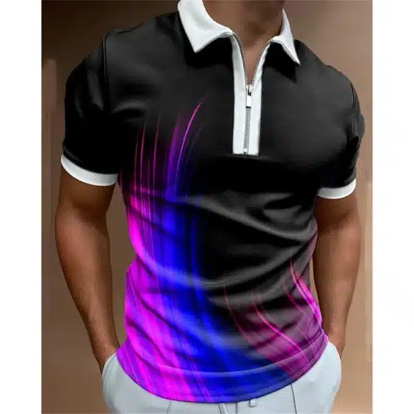 Fashion Men's Clothing Polo Shirts Casual Turn-Down Collar Zipper Golf Wear Ladder Print Short Sleeve Tee Shirt Men Polos Tops - Image 20