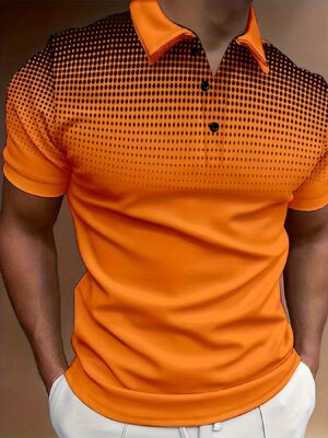 Men's Summer Casual Short Sleeve Shirt With Buttons And Collar, Orange Mesh Print, Sports Style Top For Golf/Tennis/Office