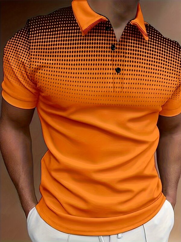 Men's Summer Casual Short Sleeve Shirt With Buttons And Collar, Orange Mesh Print, Sports Style Top For Golf/Tennis/Office